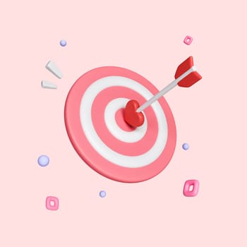 Pink dart hit to center of dartboard, Heart shaped target and arrow icon isolated on pink background with clipping path, 3d render illustration.