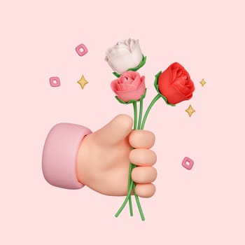 3d Cartoon hand holding red rose isolated on pink background with clipping path. Valentine's day concept. 3d render illustration