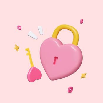 Pink candy hearts with keyhole, padlock. Symbol of love. Valentine day. isolated on pink background. clipping path. 3D render illustration.