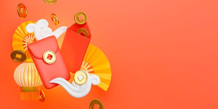 Red envelopes and coins in the red background with copy space, Spring Festival theme scene, 3D render Illustration