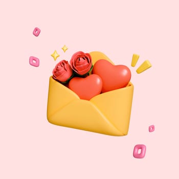 Valentine day greeting concept. Envelope and red hearts and roses isolated on pink background. clipping path. 3d render illustration.