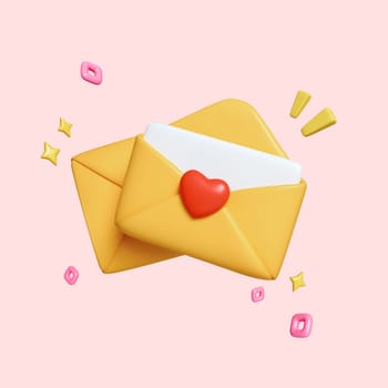 Valentine day greeting concept. Envelope and red hearts isolated on pink background. clipping path. 3d render illustration.