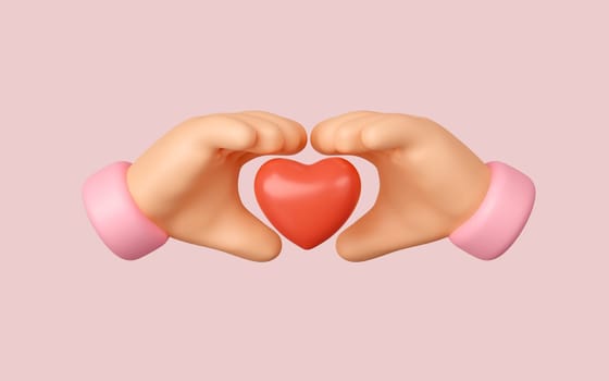 3d icon hands gesture with red heart. cartoon heart symbol isolated on pink background with clipping path. 3D render illustration.