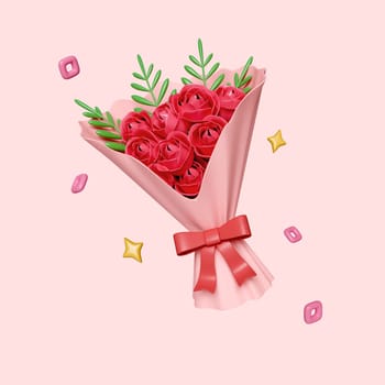Flower shop florist icons isolated image of red rose flowers bunch rolled in paper. clipping path. 3d rendering illustration.