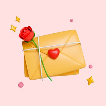 Valentine day greeting concept. Envelope and red hearts and roses isolated on pink background. clipping path. 3d render illustration.