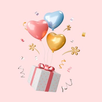 Valentine s day concept. 3D heart hot air flying with gift box isolated on pink background with clipping path. Love concept for happy mother s day, valentine s day, birthday day. 3d render illustration.