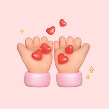 3D cartoon hand give red heart to another isolated on pink background with clipping path. Social media concept. 3d render illustration.
