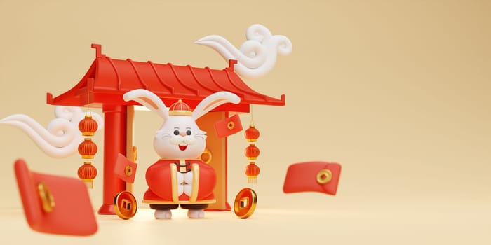 3d illustrated cute rabbits wearing traditional costume in different expressions and poses on yellow background and copy space. Chinese New Year concept. 3D render Illustration.