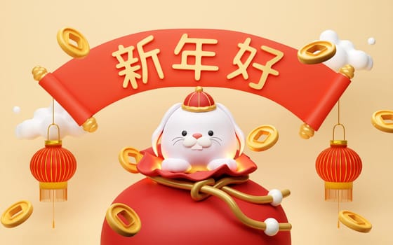 3d rabbit zodiac scene design. Composition of fortune bag, greeting scroll, cute rabbit toy standing on cloud. Happy Chinese New Year wallpaper background. 3d render illustration.