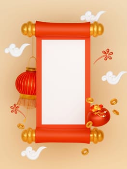 Red chinese new year lantern with scroll paper background with copy space for product and text, 3D render Illustration.