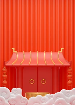 Chinese New Year 2023 Year of the Rabbit. Chinese Zodiac Template, Poster Banner Flyer for Chinese New Year Chinese temple gate and copy space. 3D render Illustration.