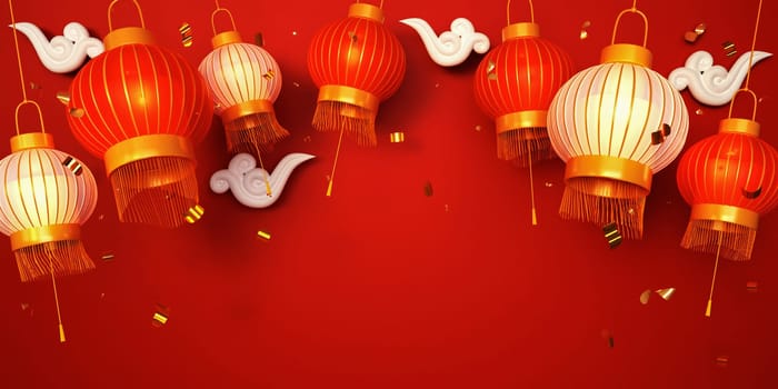 2023 Chinese new year decoration background banner. gold glitter ingots and lanterns decoration. copy space. 3D render Illustration.