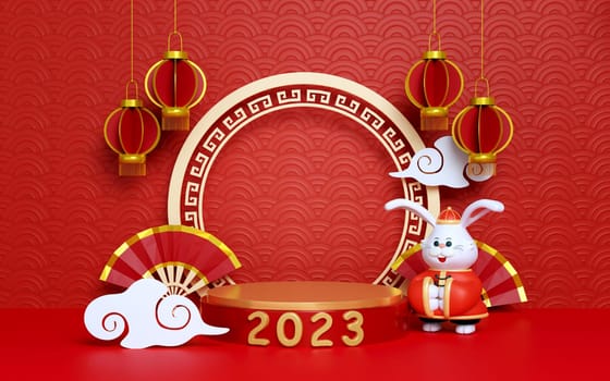Red podium chinese new year concept. product stand podium background pedestal 3D rendering illustration.