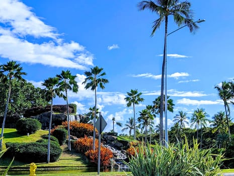 Oahu - October 22, 2023:  Waterfall cascading over rocks and surrounded by tropical plants and palm trees at the entrance to Ko Olina Resort in Oahu, Hawaii. The photo shows the blue sky with white clouds and the vibrant colors of the nature.