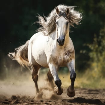 Beautiful white horse galloping outdoors, portrait against the background of the forest on a warm summer day AI