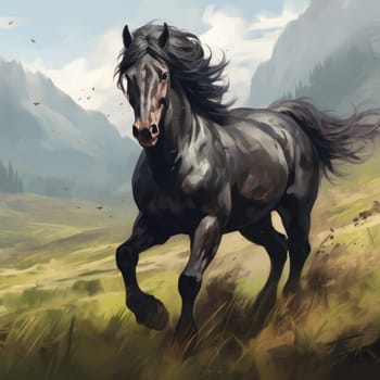 Drawing of a delightful black horse galloping alone across the green steppe AI
