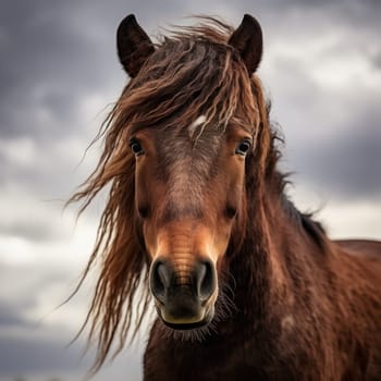 Beautiful brown horse outdoors, portrait against sky AI