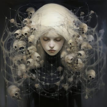 Surreal fairy tale character portrait of cartoon gothic princess with white skulls in white curls on black background AI