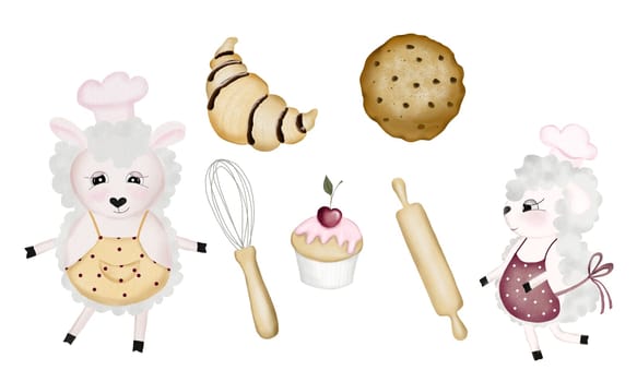 Pastry chefs sheep cute watercolor bakery set. Lamb animal with cookies, croissant and cupcake. Broom and rolling pin kitchen utensils. Isolates for the design of children's cards and postcards. High quality illustration