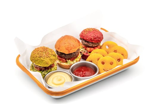 three mini burgers with chicken and meat served with french fries. kids menu