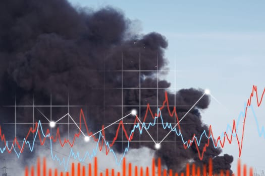 Black smoke from the fire, graph. Seasonal forest fires. Selective focus