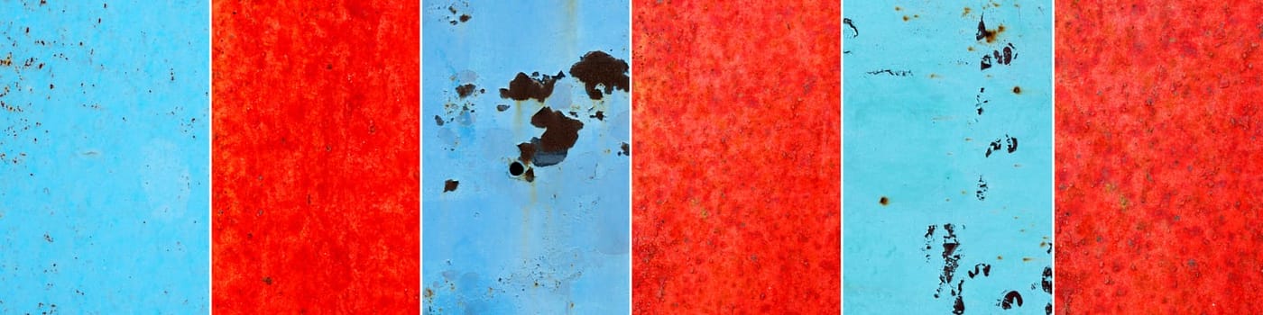 Red and blue metal and paint creating textured wall background, collage