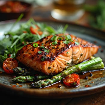 Grilled salmon steak with asparagus on a plate.