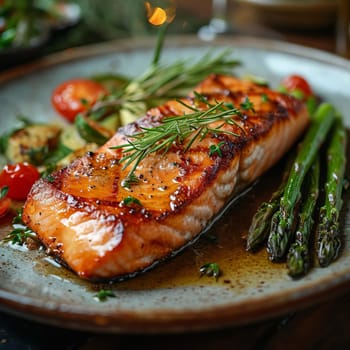 Grilled salmon steak with asparagus on a plate.