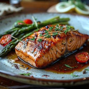 Grilled salmon steak with asparagus on a plate.