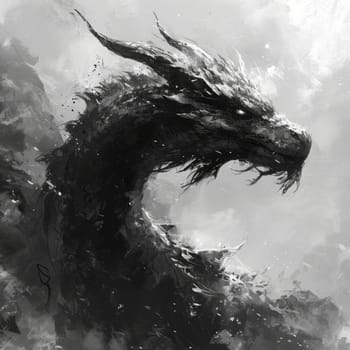 Black and white painting of a dragon. Year of the dragon concept.