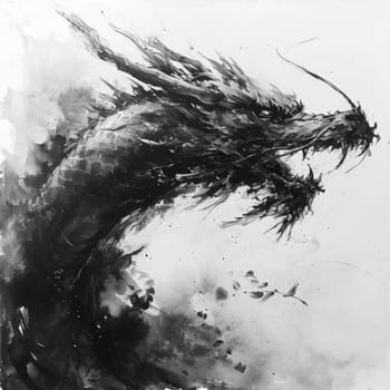 Black and white painting of a dragon. Year of the dragon concept.