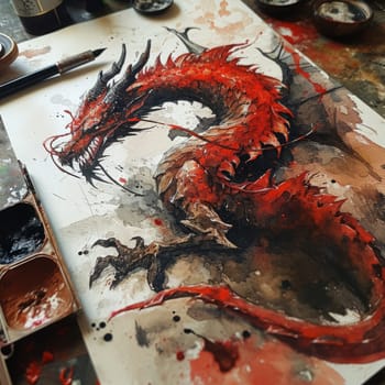 Painting of red dragon. Dragon year concept. High quality photo.