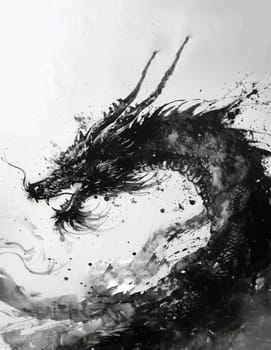 Black and white painting of a dragon. Year of the dragon concept.