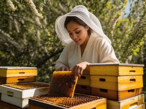 beautiful young woman surrounded by bees extracting honey from hives, springtime, illustration generative ai art