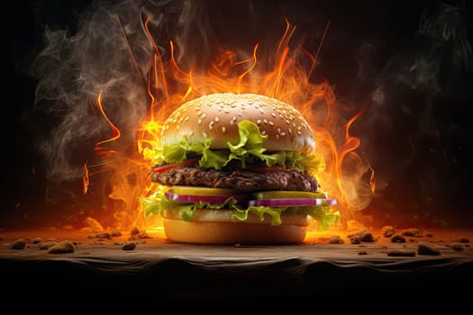Front view of a burning hamburguer.