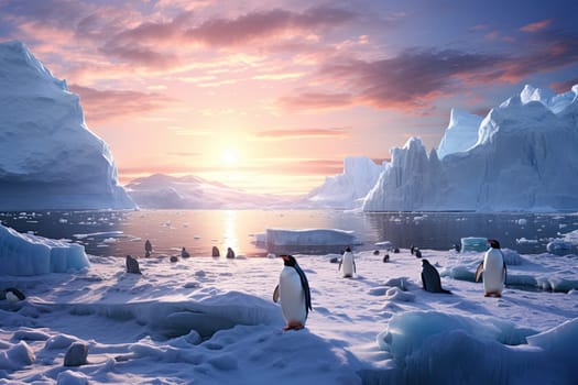 penguins on an iceberg in the water at sunset or dawn.