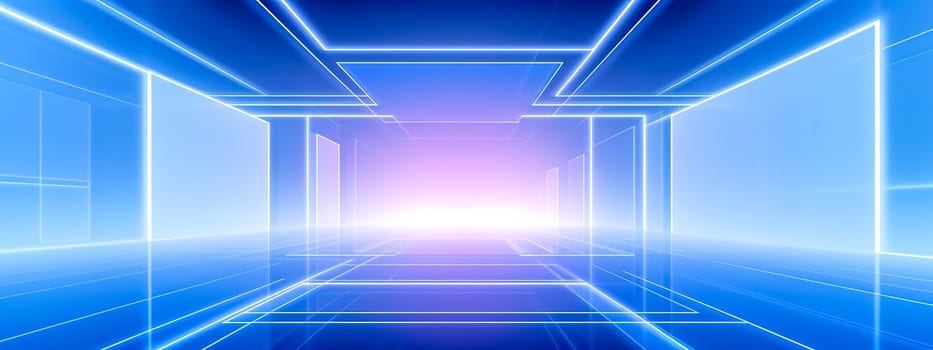 futuristic virtual corridor with a neon blue aesthetic, creating an illusion of depth leading towards a bright light at the end, providing a sense of an unreal digital world with ample copy space banner