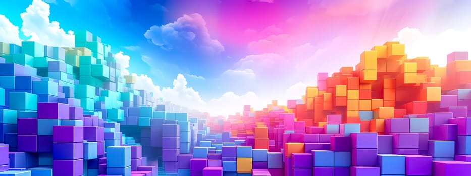 3D digital art piece resembling a landscape built from Tetris-like blocks in a gradient colors from cool blues to warm oranges and pinks, under a sky with fluffy clouds, background with space for text