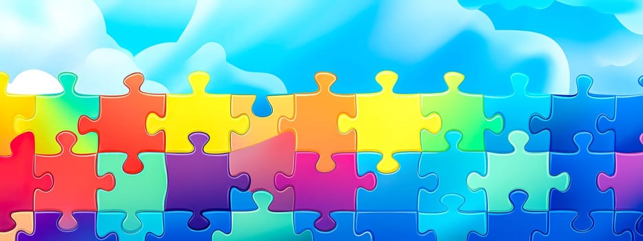 puzzle pieces in a gradient of hues from red to blue, forming a seamless connection, set against a backdrop of a clear sky with fluffy clouds, symbolizing connection, complexity, copy space banner