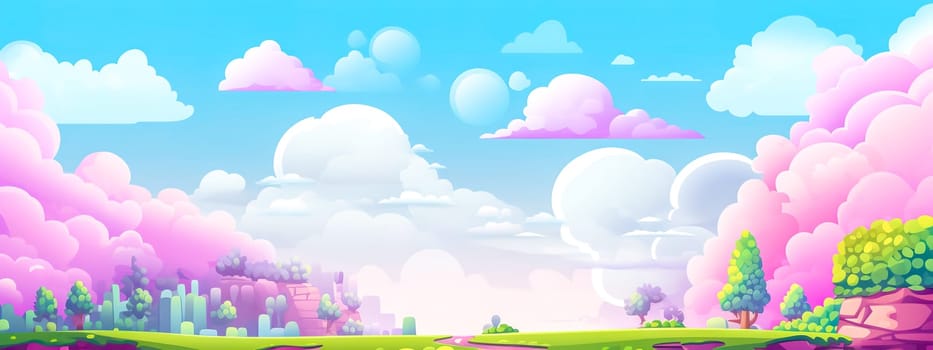 stylized landscape. It features a foreground of lush greenery and trees, with a background of pastel-colored pink clouds in a blue sky. The image combines elements of fantasy and serenity, banner