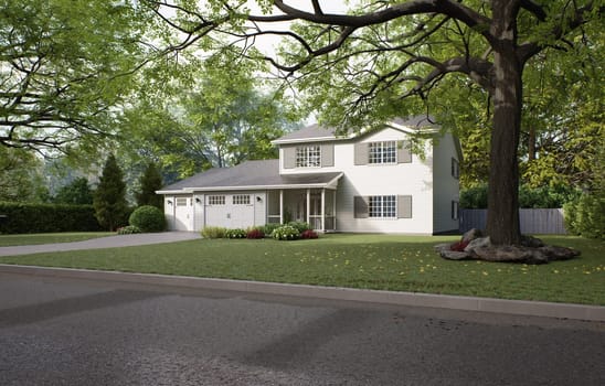 Traditional American home with two garages, a driveway and a large tree. A two-story house with a mowed lawn. 3d render
