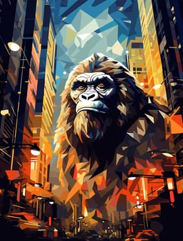 Abstract portrait of an angry and terrified giant gorilla on the streets of a metropolis in a psychedelic vector pop art style. Template for poster, t-shirt print, sticker, design element, etc.