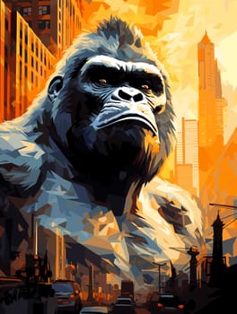 Abstract portrait of an angry and terrified giant gorilla on the streets of a metropolis in a psychedelic vector pop art style. Template for poster, t-shirt print, sticker, design element, etc.