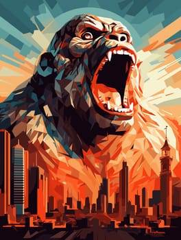 Abstract portrait of an angry and terrified giant gorilla on the streets of a metropolis in a psychedelic vector pop art style. Template for poster, t-shirt print, sticker, design element, etc.