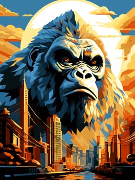 Abstract portrait of an angry and terrified giant gorilla on the streets of a metropolis in a psychedelic vector pop art style. Template for poster, t-shirt print, sticker, design element, etc.