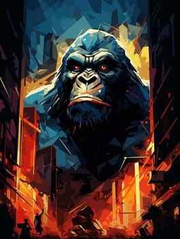 Abstract portrait of an angry and terrified giant gorilla on the streets of a metropolis in a psychedelic vector pop art style. Template for poster, t-shirt print, sticker, design element, etc.