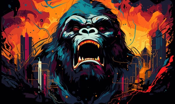 Abstract portrait of an angry and terrified giant gorilla on the streets of a metropolis in a psychedelic vector pop art style. Template for poster, t-shirt print, sticker, design element, etc.