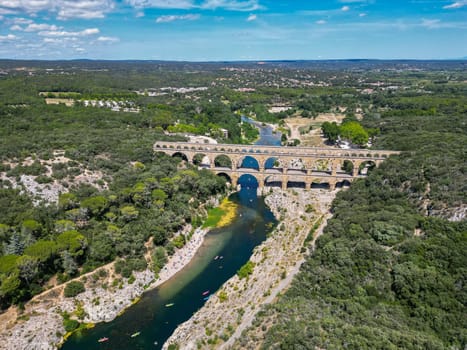 Aerial photo of Pont du Gard is ancient Roman aqueduct that crosses the Gardon River, High quality photo
