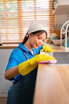 Vertical image of Asian housekeeper smile and sit with use towel to clean area in kitchen near sink with day light and she look happy to work in house.