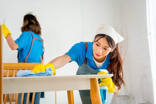 Close up beautiful Asian housekeeper or housemaid use towel to clean surface of dinning table in the house and her co-worker work in the back.